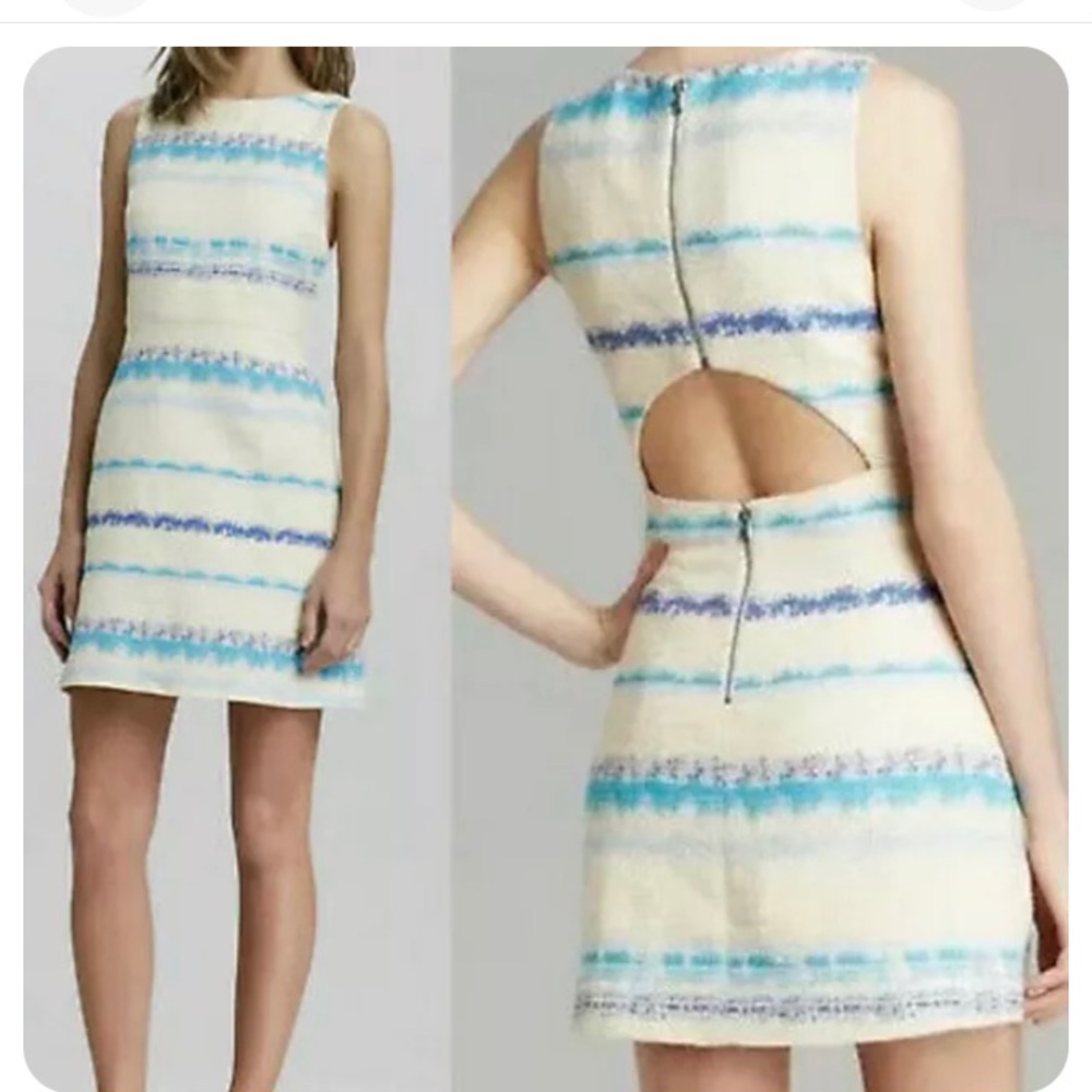 Alice and Olivia Eli Ivory Cut Out Blue Stripe Tweed Mini Dress